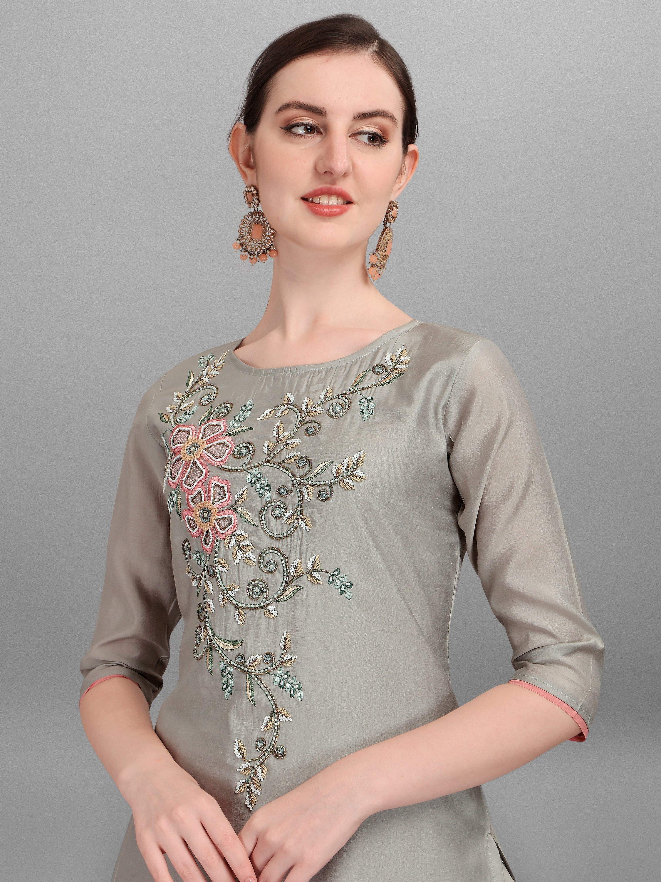 Floral Embroidered Kurta With Pant And Dupatta Set, Multicolor - Hiral Fashion | Grocsy