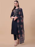 Hand Embroidered Kurta With Pant And Printed Dupatta Set, Multicolor - Hiral Fashion | Grocsy