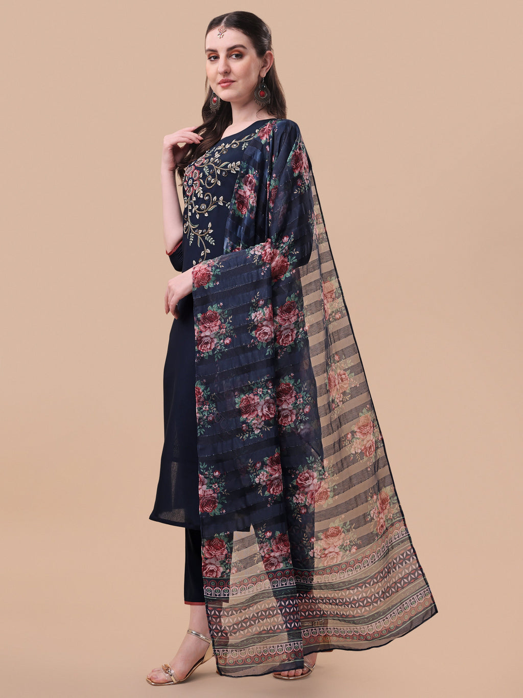Hand Embroidered Kurta With Pant And Printed Dupatta Set, Multicolor - Hiral Fashion | Grocsy