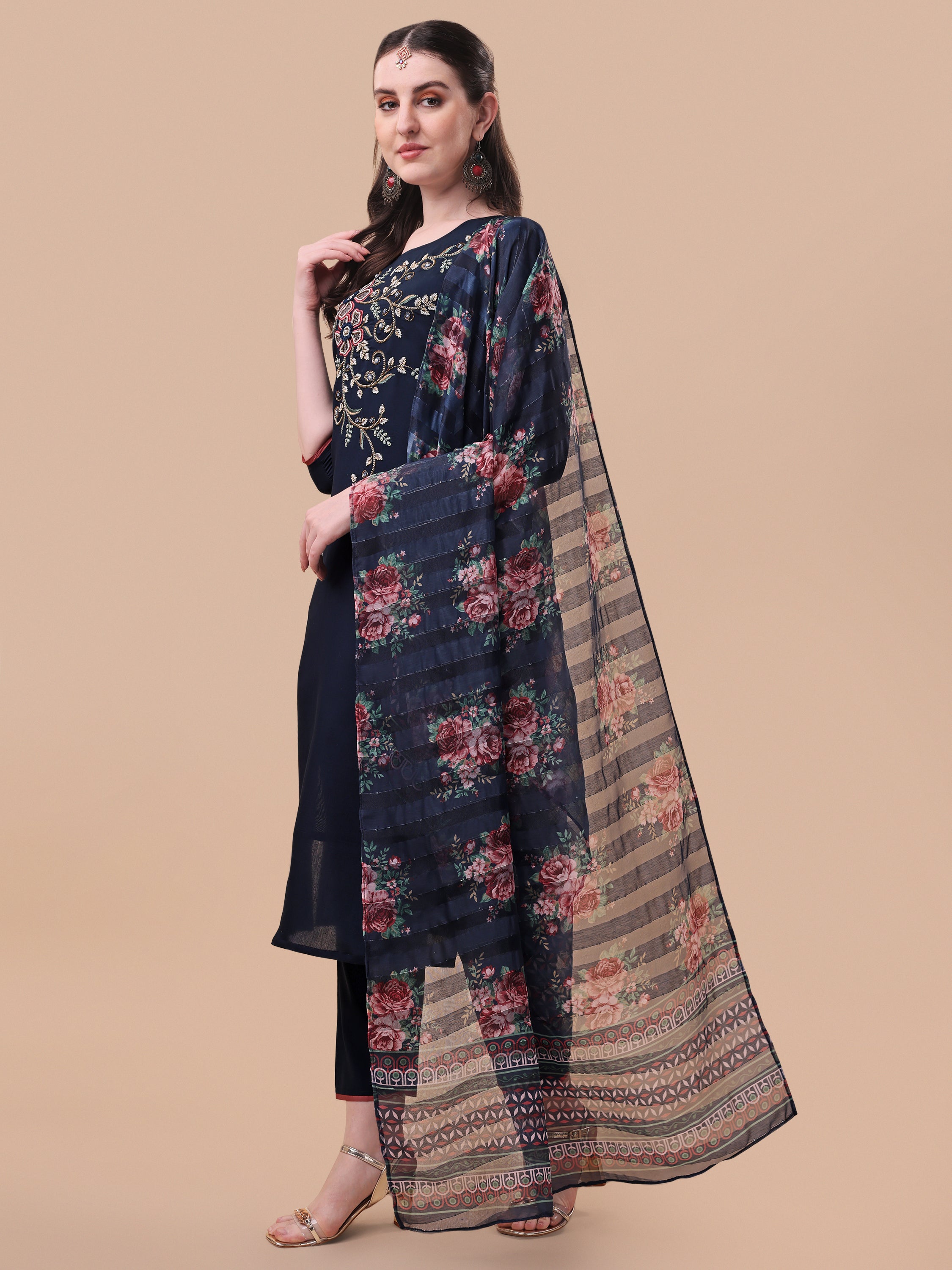 Hand Embroidered Kurta With Pant And Printed Dupatta Set, Multicolor - Hiral Fashion | Grocsy