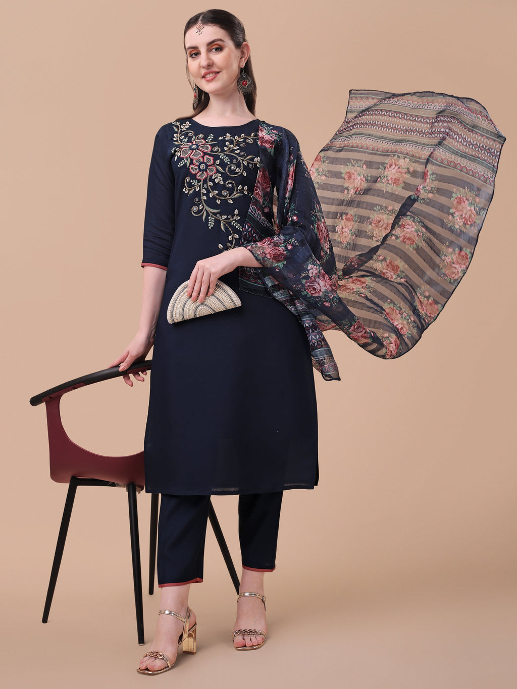 Hand Embroidered Kurta With Pant And Printed Dupatta Set, Multicolor - Hiral Fashion | Grocsy