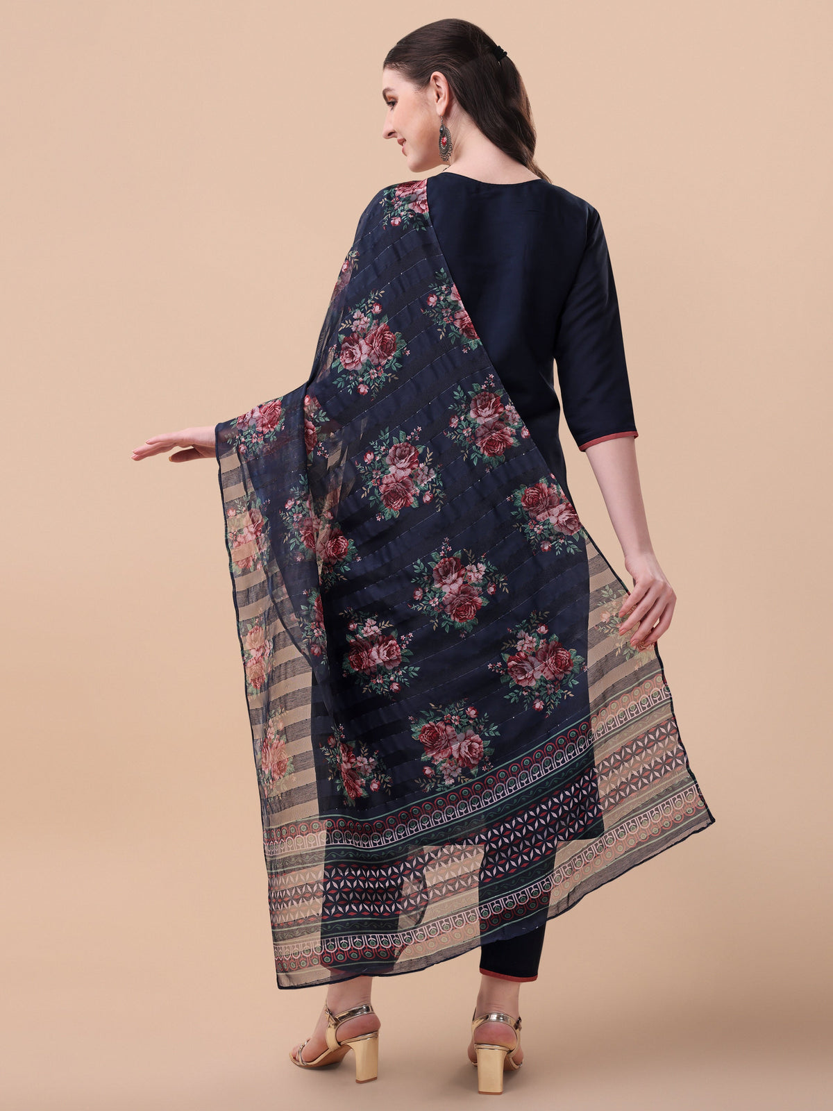 Hand Embroidered Kurta With Pant And Printed Dupatta Set, Multicolor - Hiral Fashion | Grocsy