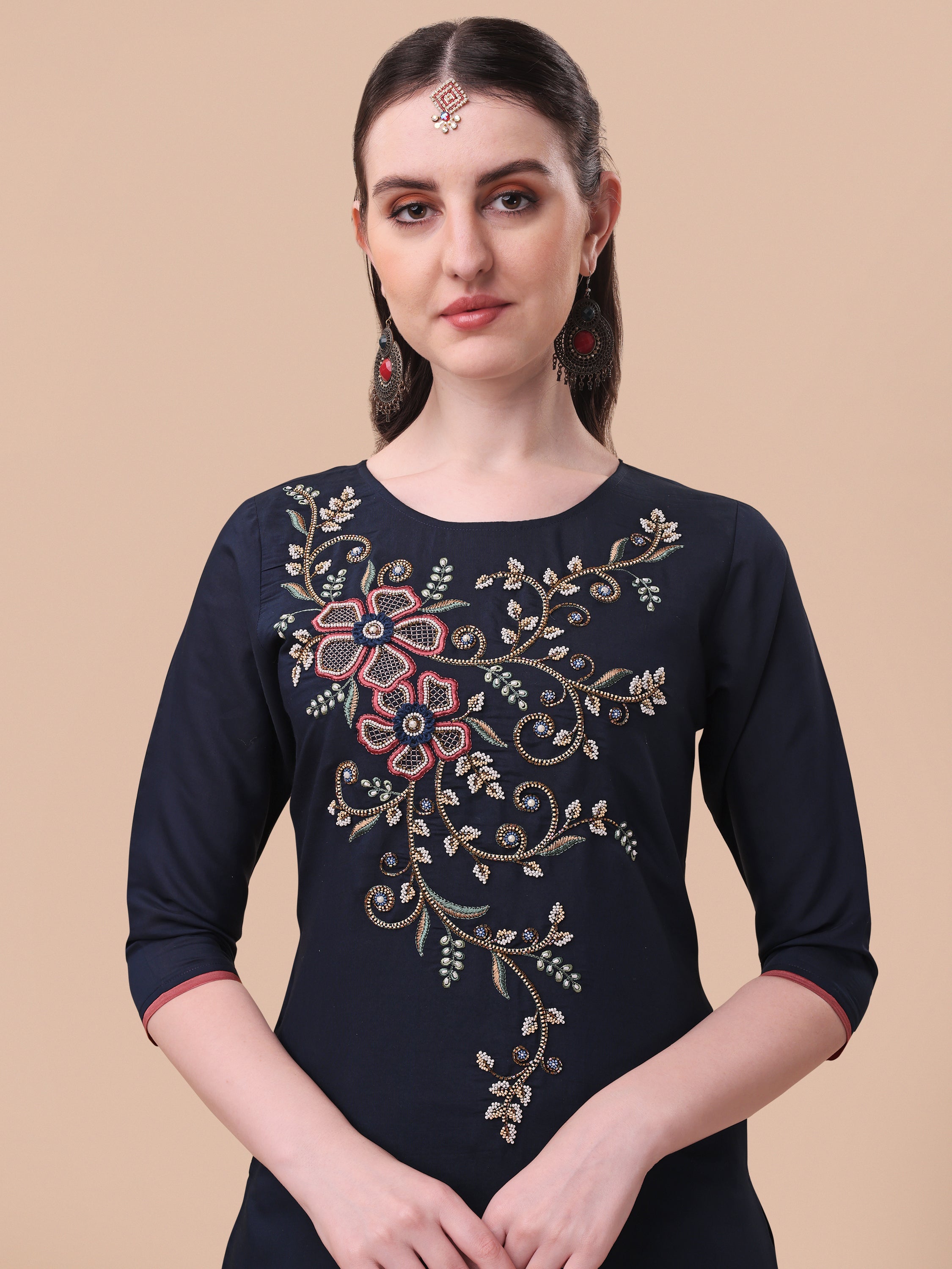Hand Embroidered Kurta With Pant And Printed Dupatta Set, Multicolor - Hiral Fashion | Grocsy