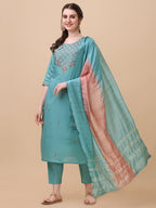 Embroidered Kurta With Pant And Dupatta Set, Multicolor - Hiral Fashion | Grocsy