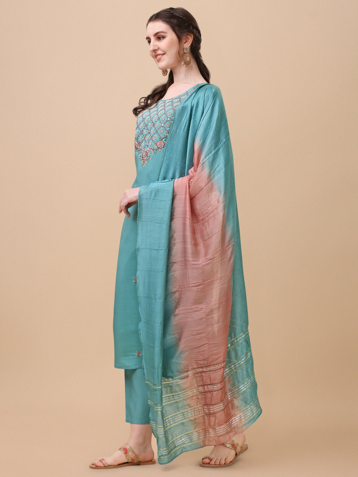 Embroidered Kurta With Pant And Dupatta Set, Multicolor - Hiral Fashion | Grocsy