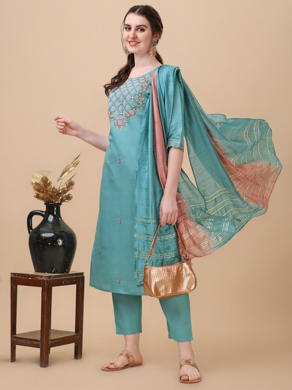 Embroidered Kurta With Pant And Dupatta Set, Multicolor - Hiral Fashion | Grocsy