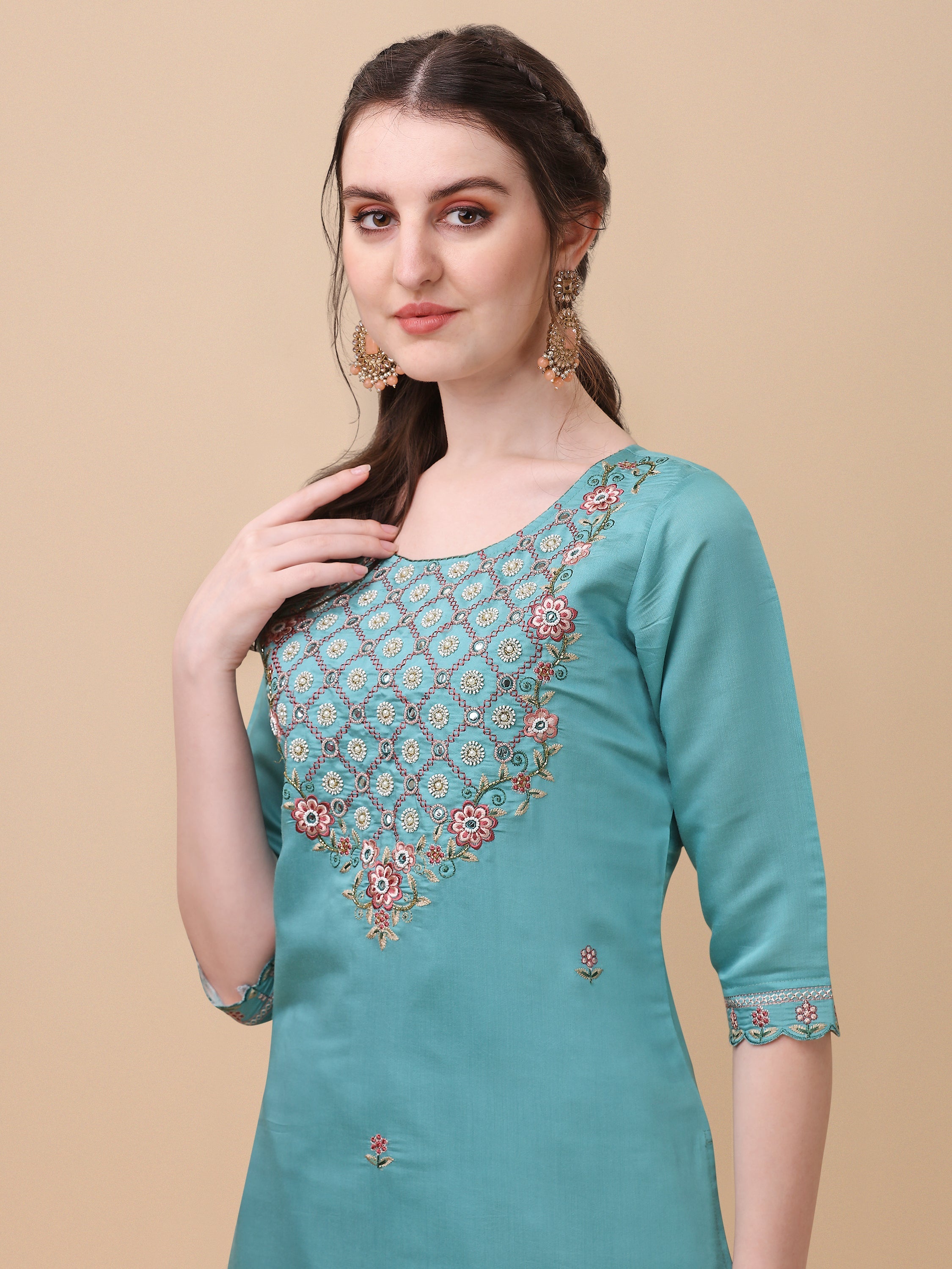 Embroidered Kurta With Pant And Dupatta Set, Multicolor - Hiral Fashion | Grocsy