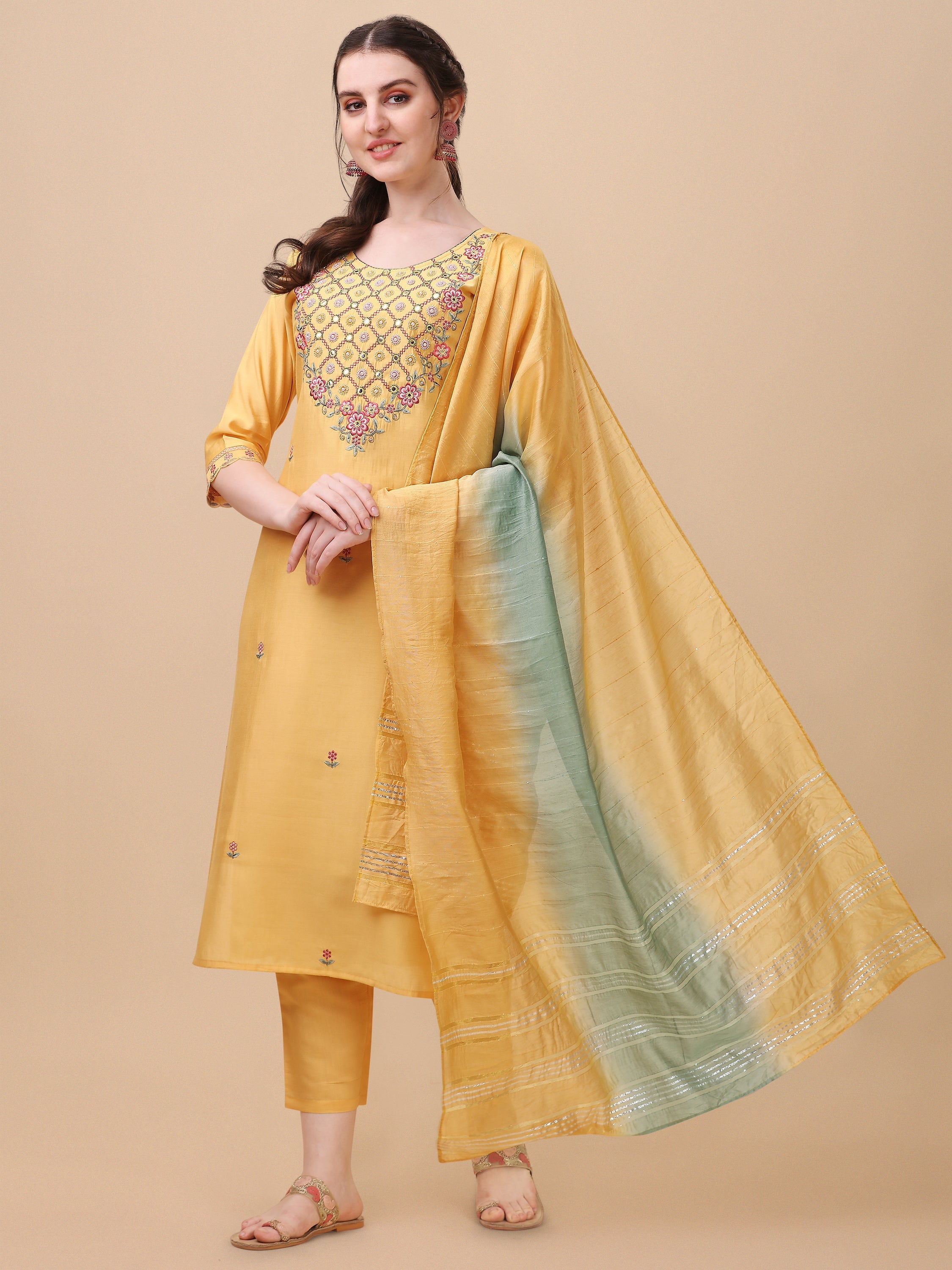 Embroidered Kurta With Pant And Dupatta Set, Multicolor - Hiral Fashion | Grocsy