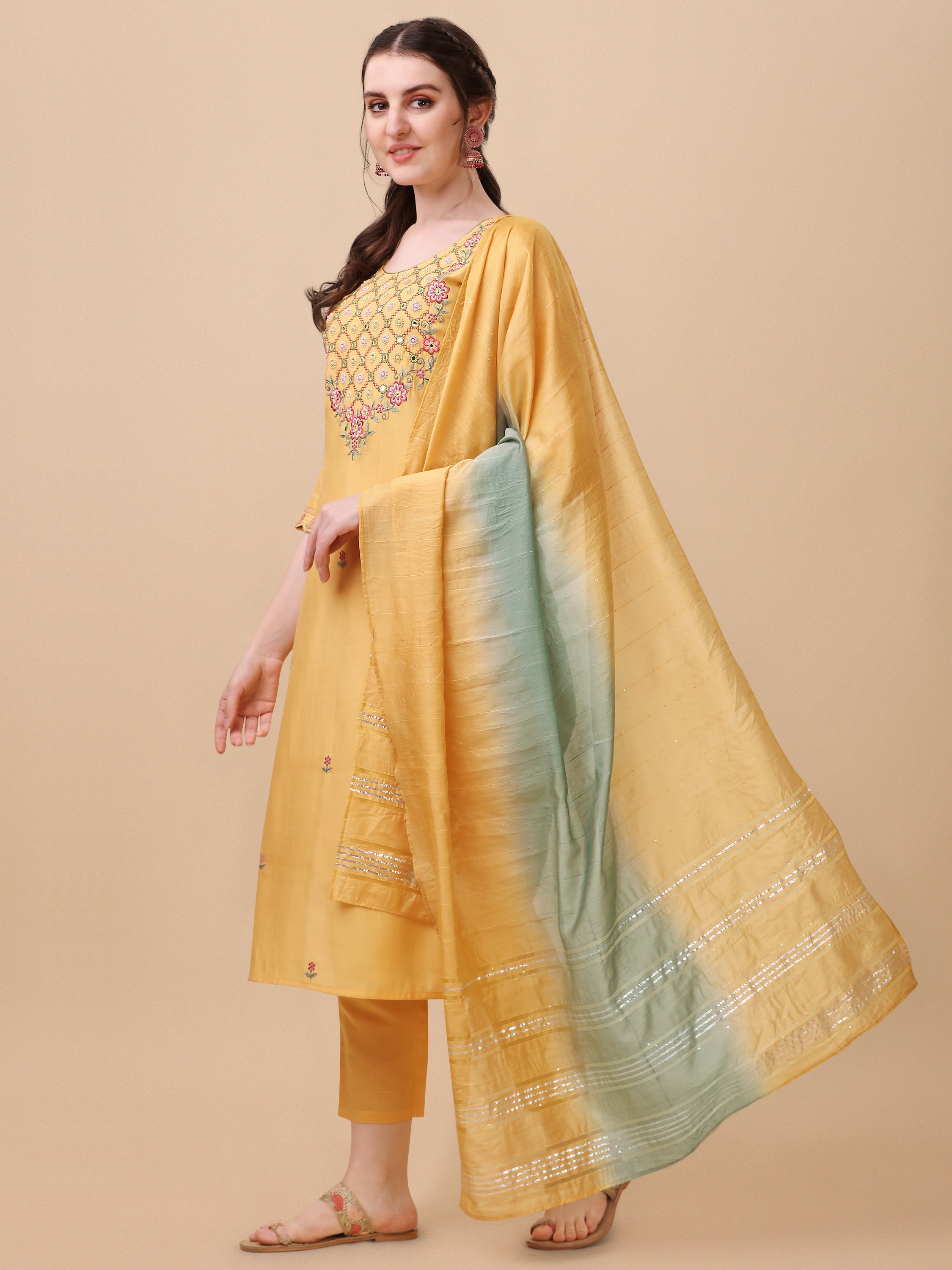 Embroidered Kurta With Pant And Dupatta Set, Multicolor - Hiral Fashion | Grocsy