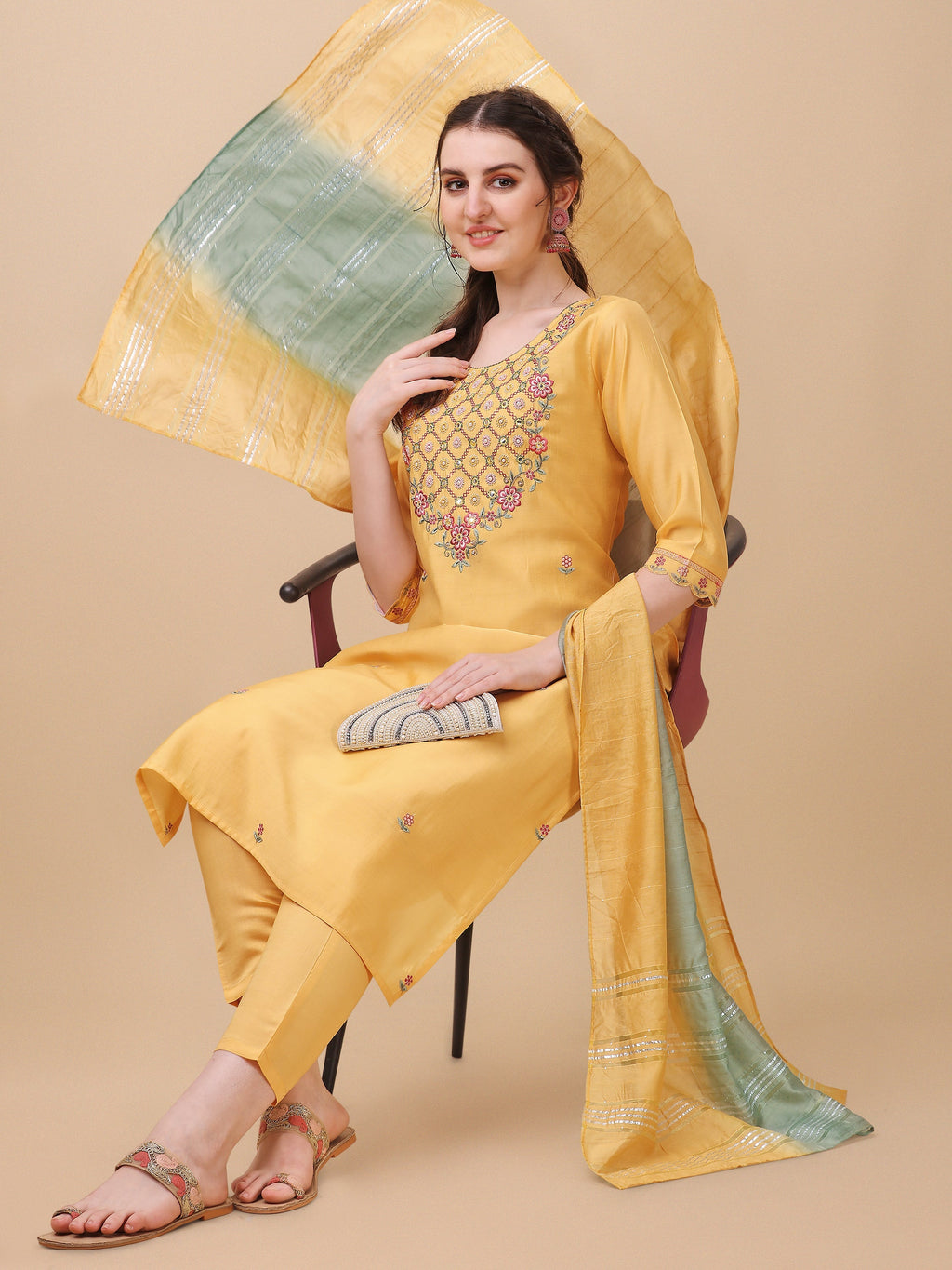 Embroidered Kurta With Pant And Dupatta Set, Multicolor - Hiral Fashion | Grocsy