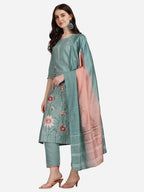 Embroidered Kurta With Pant & Dupatta Set, Multicolor - Hiral Fashion | Grocsy