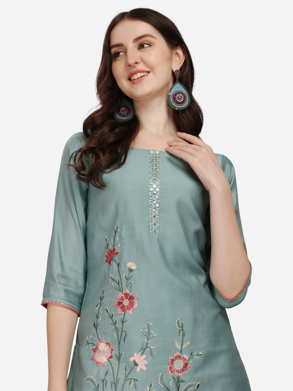 Embroidered Kurta With Pant & Dupatta Set, Multicolor - Hiral Fashion | Grocsy