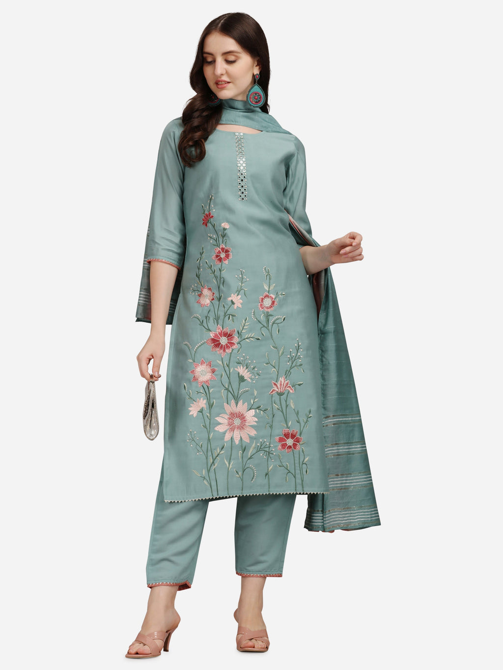 Embroidered Kurta With Pant & Dupatta Set, Multicolor - Hiral Fashion | Grocsy