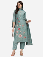 Embroidered Kurta With Pant & Dupatta Set, Multicolor - Hiral Fashion | Grocsy