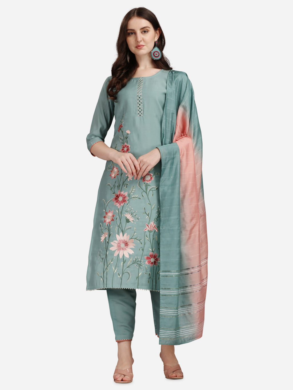 Embroidered Kurta With Pant & Dupatta Set, Multicolor - Hiral Fashion | Grocsy