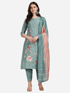 Embroidered Kurta With Pant & Dupatta Set, Multicolor - Hiral Fashion | Grocsy