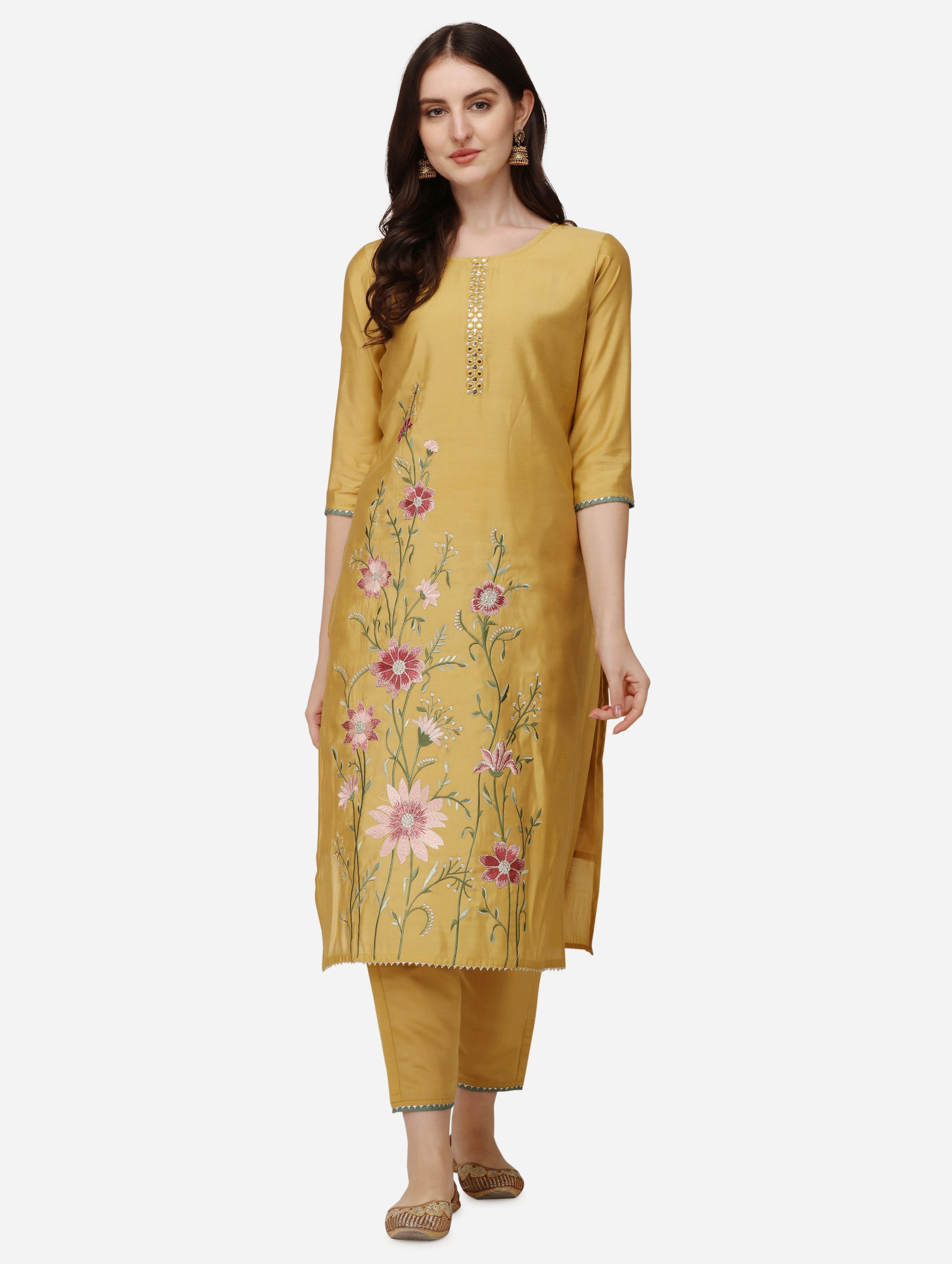 Embroidered Kurta With Pant & Dupatta Set, Multicolor - Hiral Fashion | Grocsy