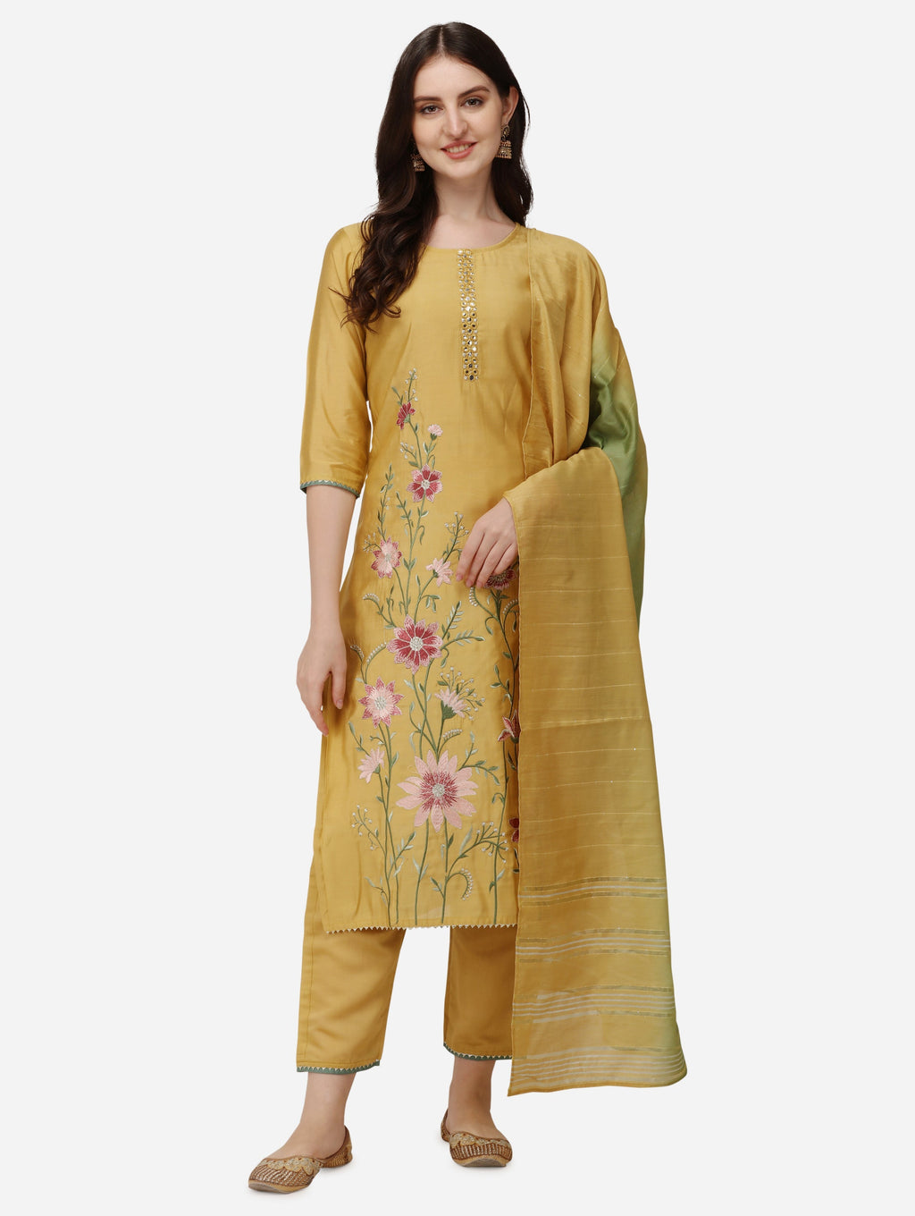 Embroidered Kurta With Pant & Dupatta Set, Multicolor - Hiral Fashion | Grocsy