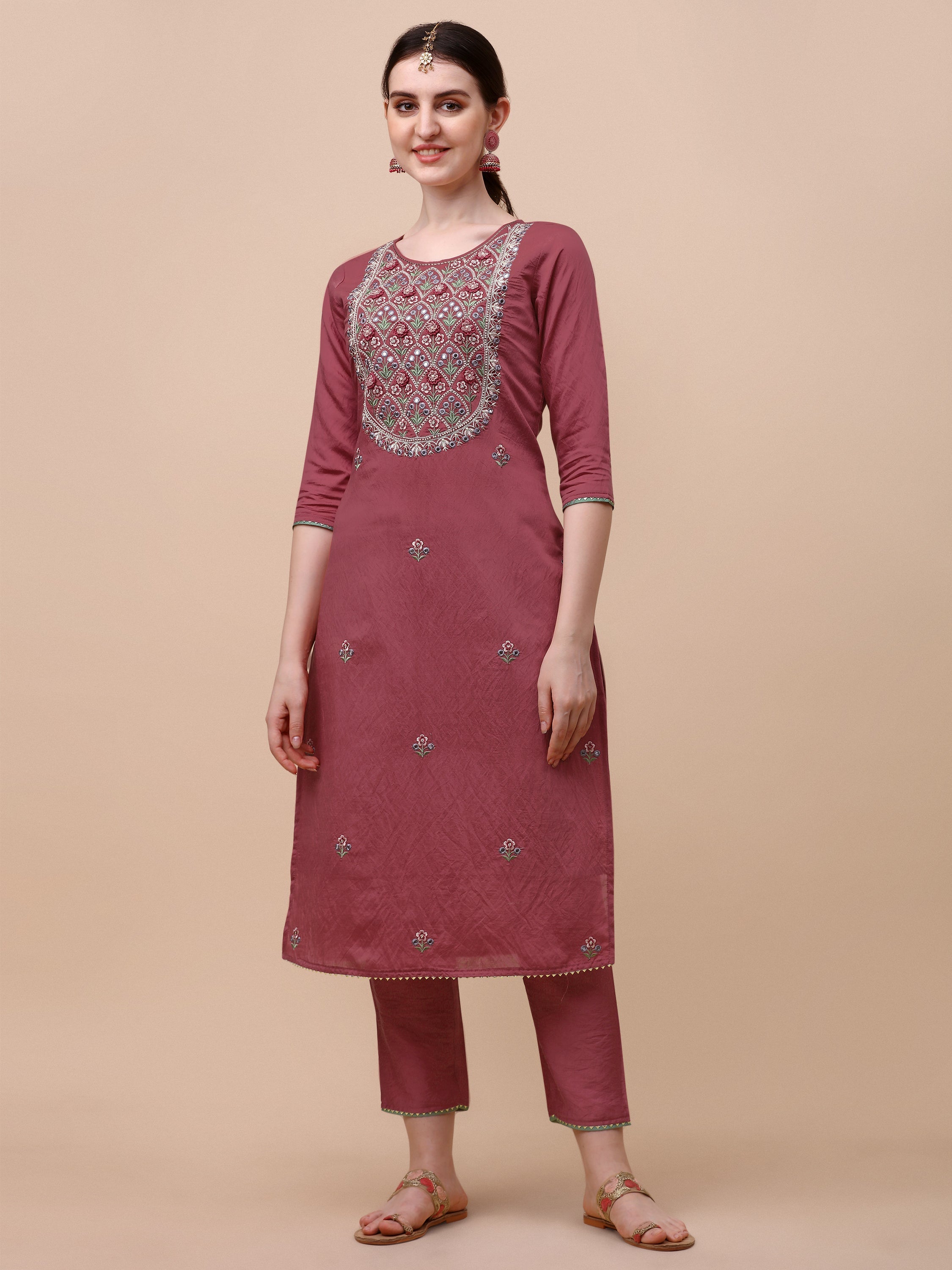 Hand Embroidered Pink Chanderi Kurta With Pant & Dupatta Set Premium, Multicolor - Hiral Fashion | Grocsy