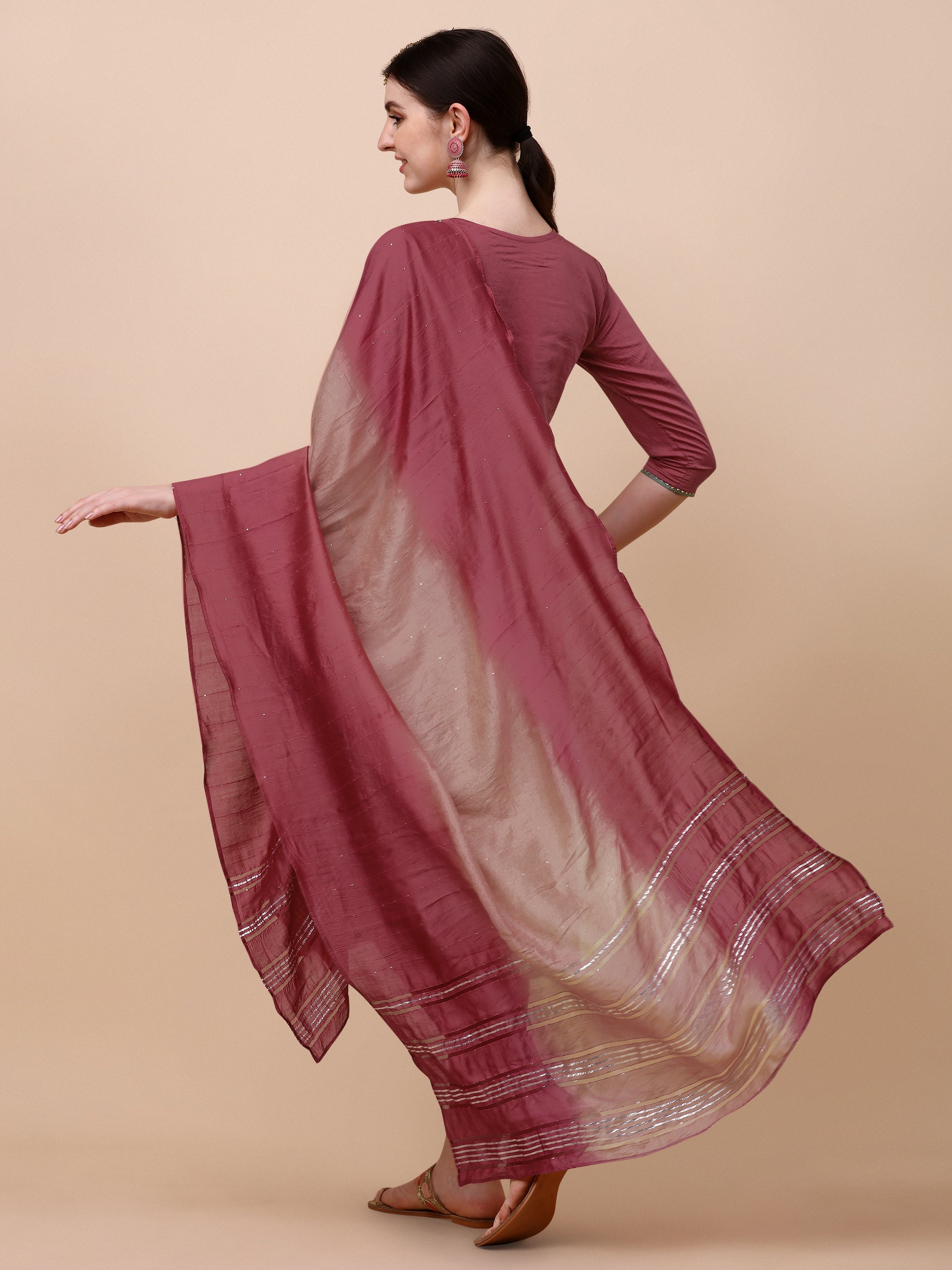 Hand Embroidered Pink Chanderi Kurta With Pant & Dupatta Set Premium, Multicolor - Hiral Fashion | Grocsy