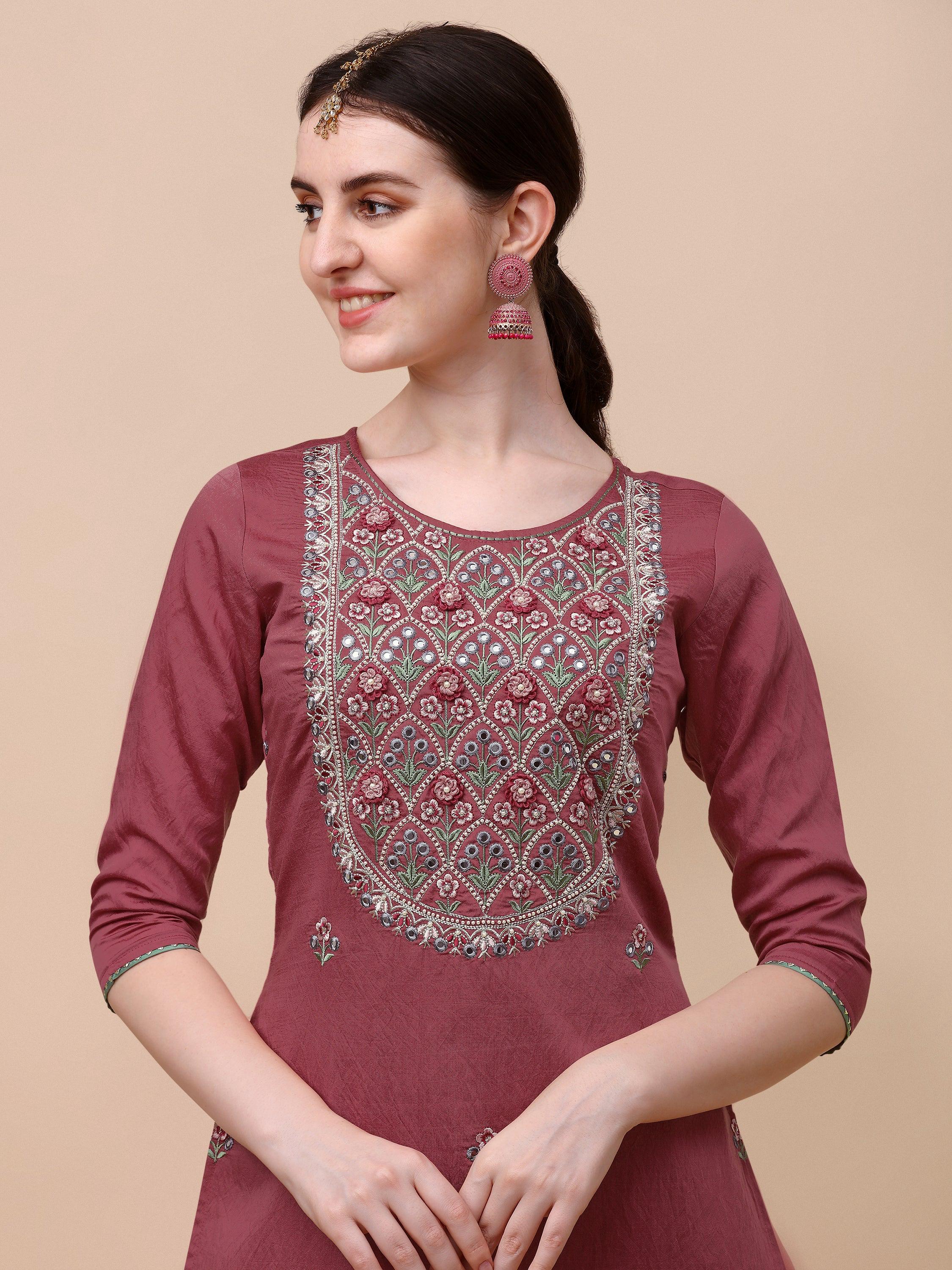 Hand Embroidered Pink Chanderi Kurta With Pant & Dupatta Set Premium, Multicolor - Hiral Fashion | Grocsy