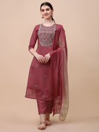 Hand Embroidered Pink Chanderi Kurta With Pant & Dupatta Set Premium, Multicolor - Hiral Fashion | Grocsy