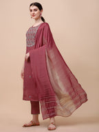 Hand Embroidered Pink Chanderi Kurta With Pant & Dupatta Set Premium, Multicolor - Hiral Fashion | Grocsy