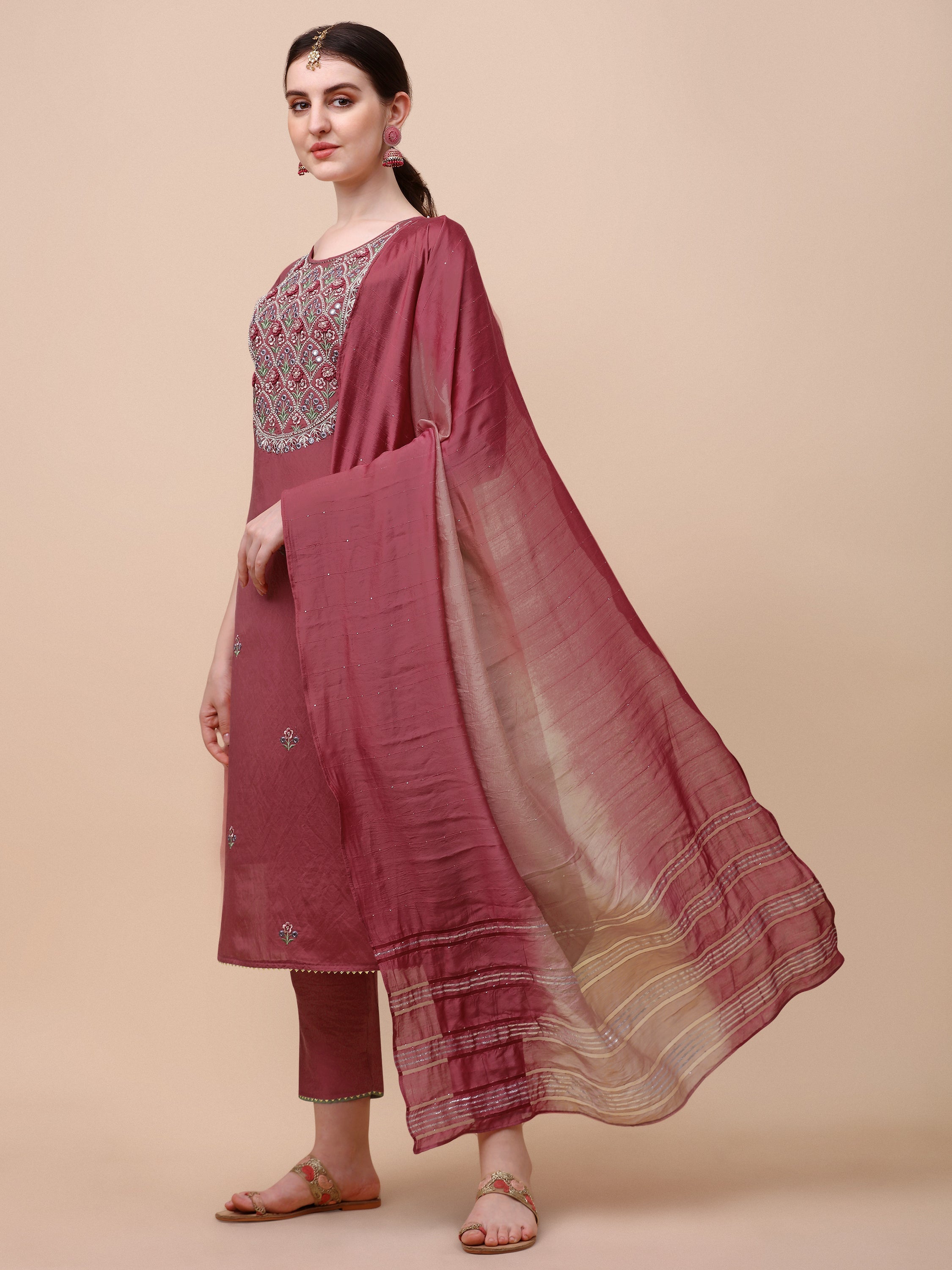 Hand Embroidered Pink Chanderi Kurta With Pant & Dupatta Set Premium, Multicolor - Hiral Fashion | Grocsy