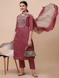 Hand Embroidered Pink Chanderi Kurta With Pant & Dupatta Set Premium, Multicolor - Hiral Fashion | Grocsy