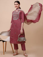 Hand Embroidered Pink Chanderi Kurta With Pant & Dupatta Set Premium, Multicolor - Hiral Fashion | Grocsy