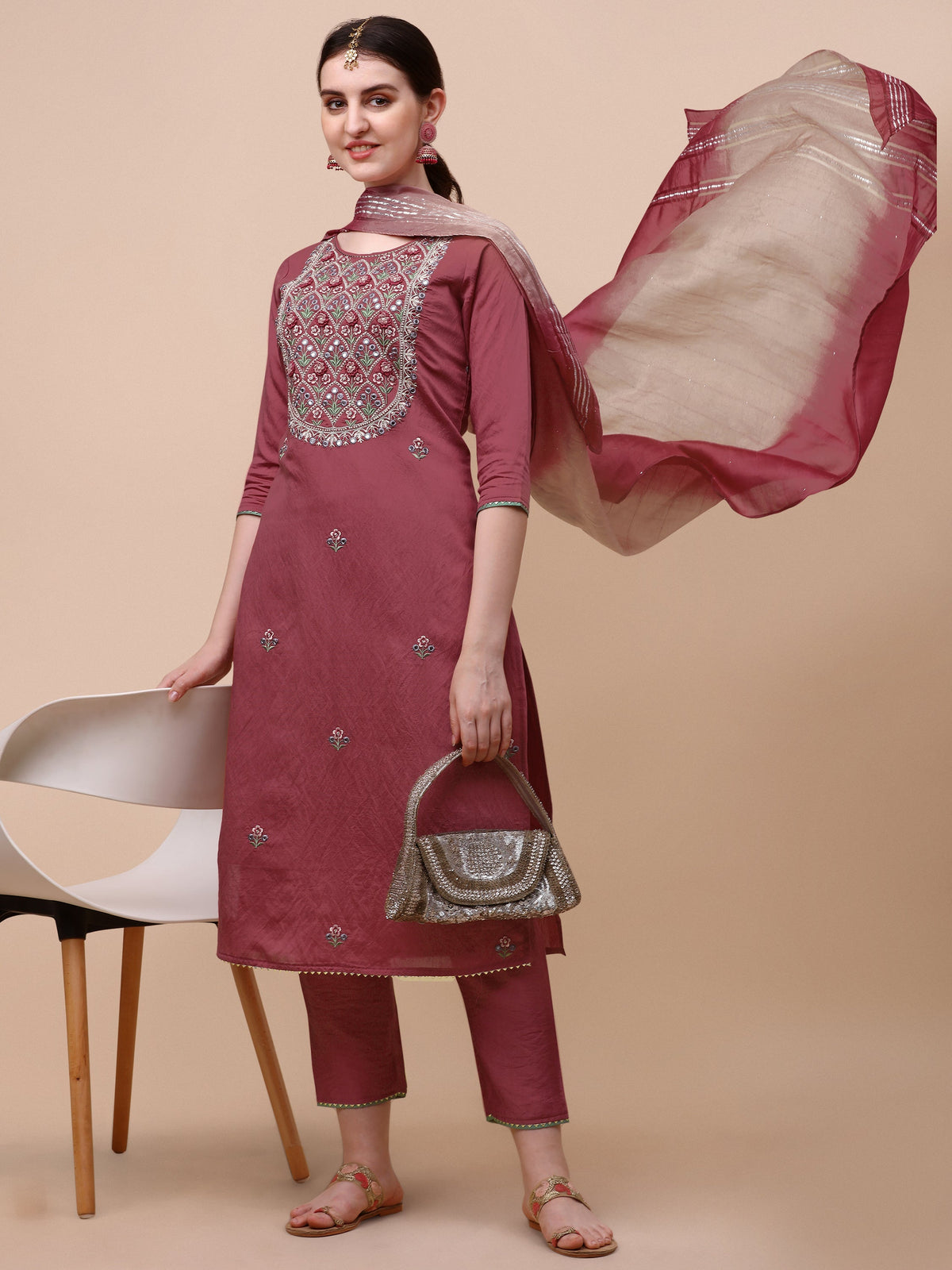 Hand Embroidered Pink Chanderi Kurta With Pant & Dupatta Set Premium, Multicolor - Hiral Fashion | Grocsy