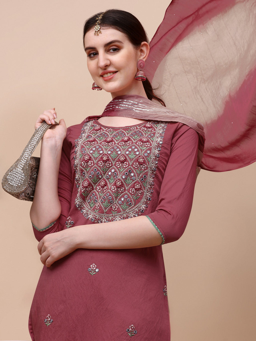 Hand Embroidered Pink Chanderi Kurta With Pant & Dupatta Set Premium, Multicolor - Hiral Fashion | Grocsy