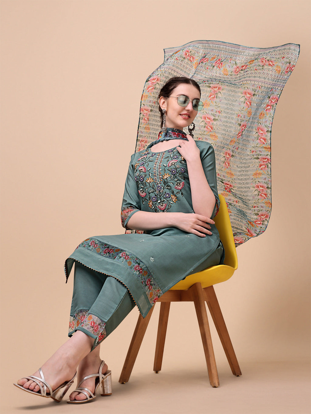 Embroidered Kurta With Pant And Printed Dupatta Set, Multicolor - Hiral Fashion | Grocsy