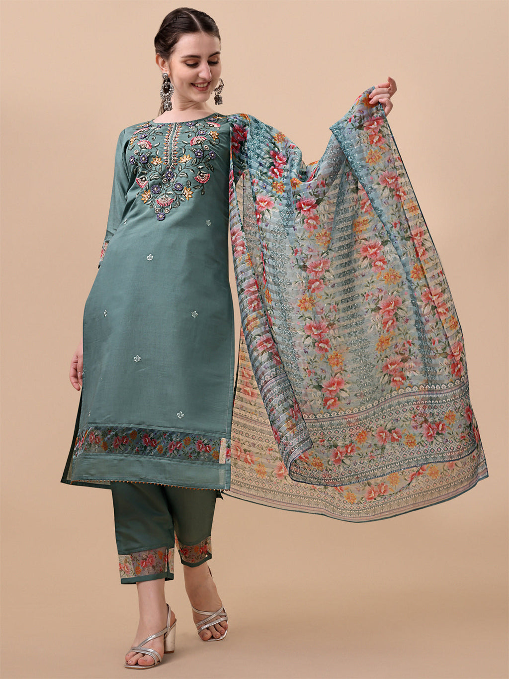 Embroidered Kurta With Pant And Printed Dupatta Set, Multicolor - Hiral Fashion | Grocsy