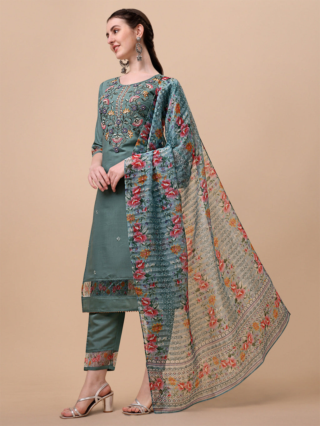Embroidered Kurta With Pant And Printed Dupatta Set, Multicolor - Hiral Fashion | Grocsy