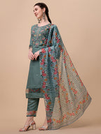 Embroidered Kurta With Pant And Printed Dupatta Set, Multicolor - Hiral Fashion | Grocsy