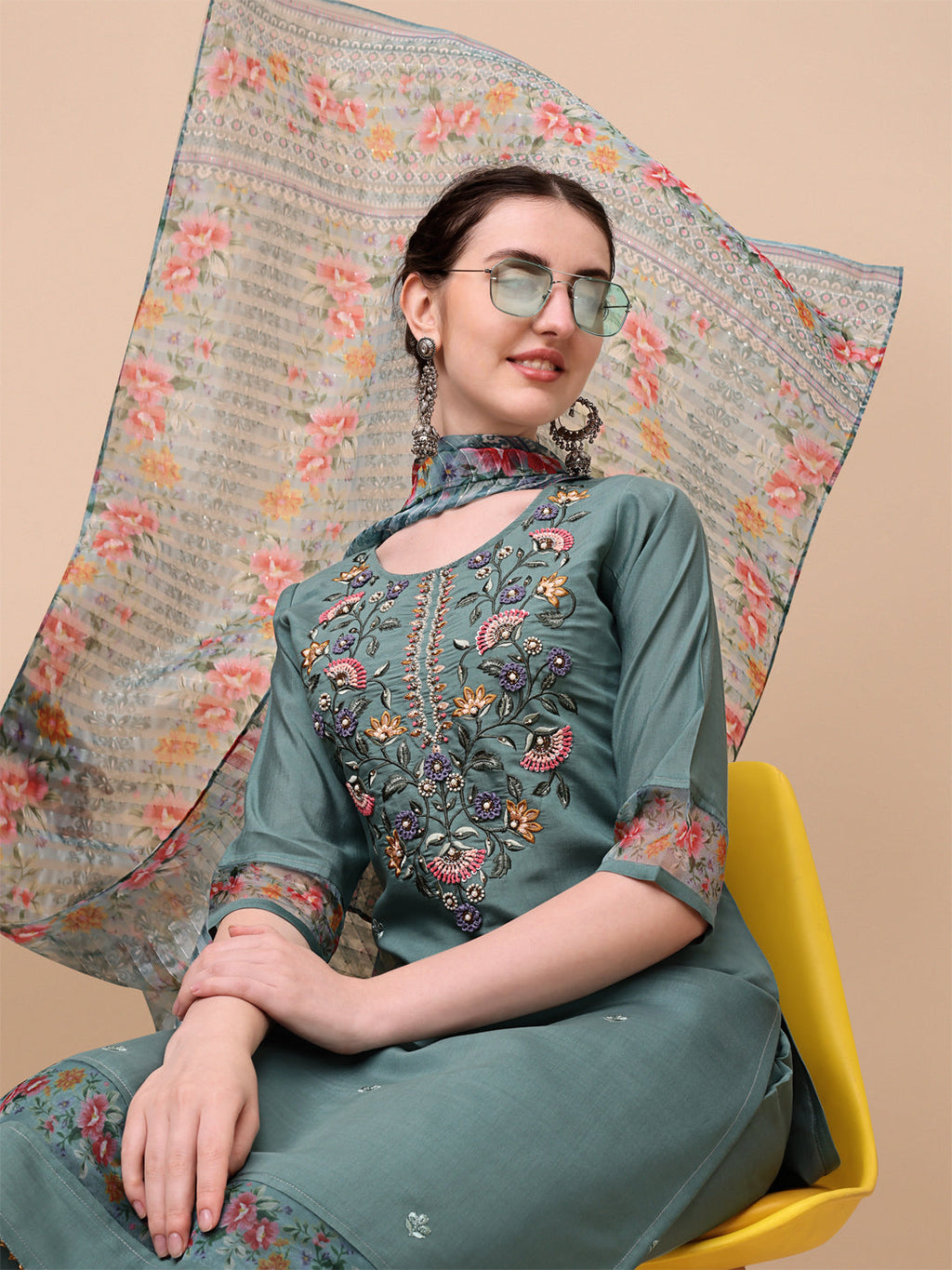 Embroidered Kurta With Pant And Printed Dupatta Set, Multicolor - Hiral Fashion | Grocsy