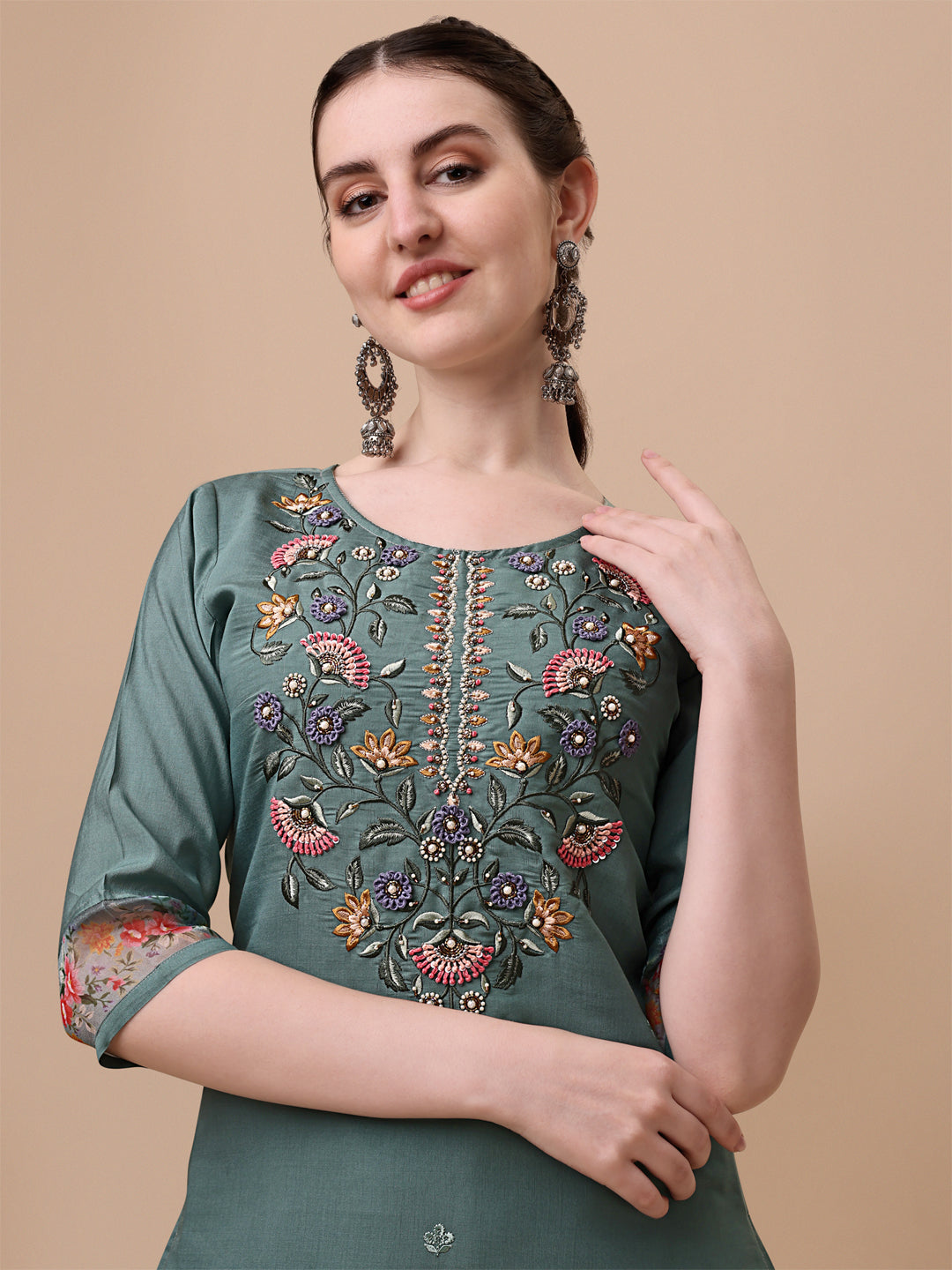 Embroidered Kurta With Pant And Printed Dupatta Set, Multicolor - Hiral Fashion | Grocsy
