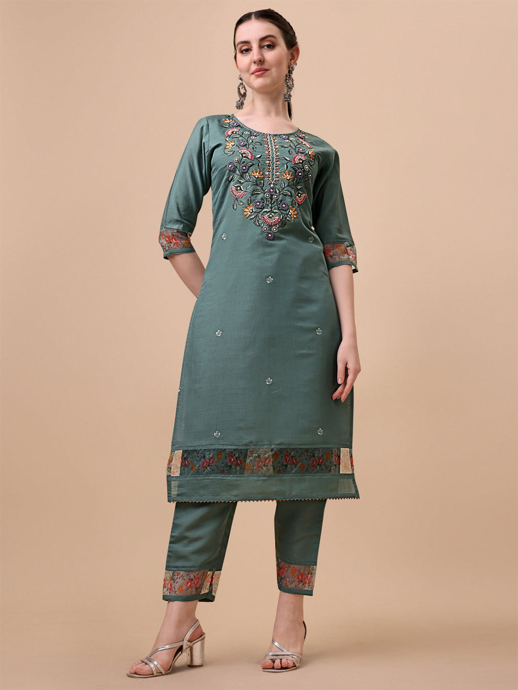 Embroidered Kurta With Pant And Printed Dupatta Set, Multicolor - Hiral Fashion | Grocsy