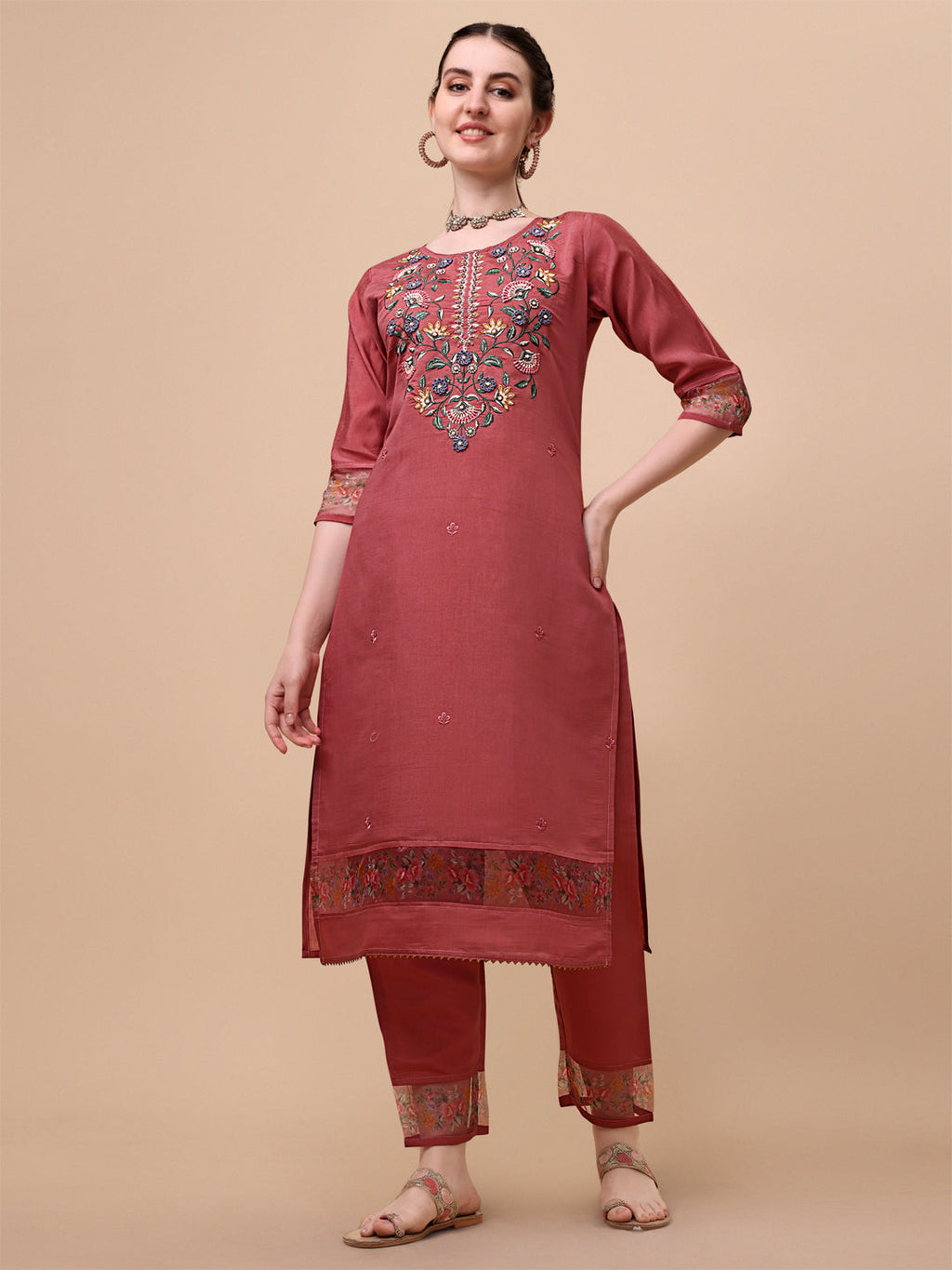 Embroidered Kurta With Pant & Printed Dupatta Set, Multicolor - Hiral Fashion | Grocsy