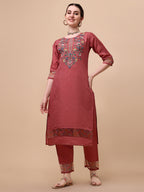 Embroidered Kurta With Pant & Printed Dupatta Set, Multicolor - Hiral Fashion | Grocsy