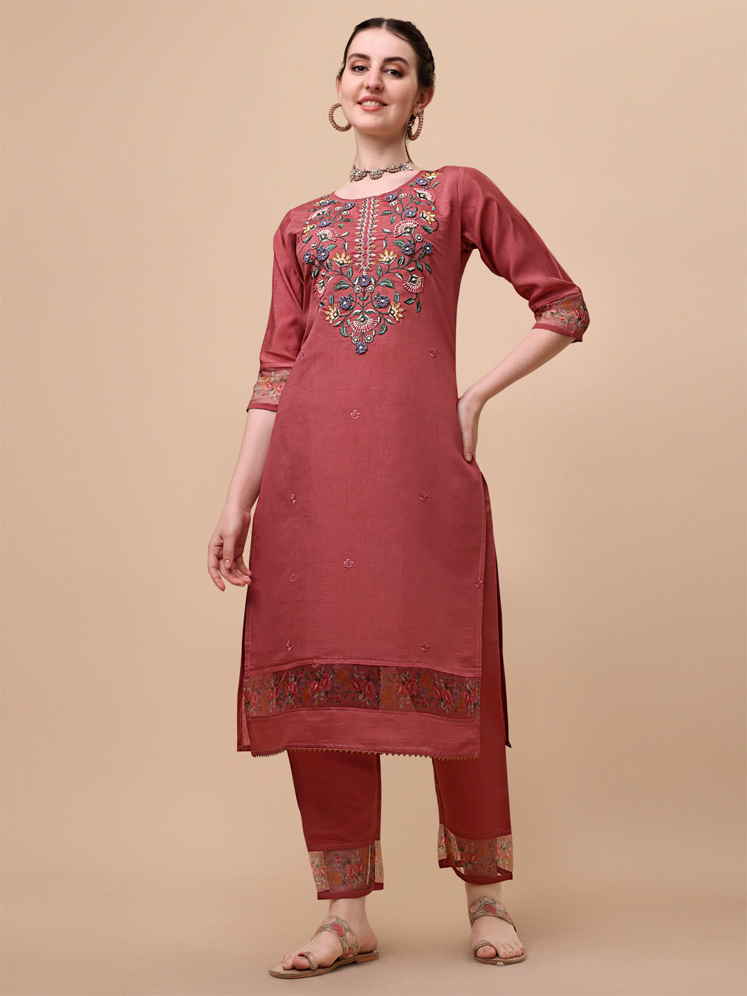Embroidered Kurta With Pant & Printed Dupatta Set, Multicolor - Hiral Fashion | Grocsy
