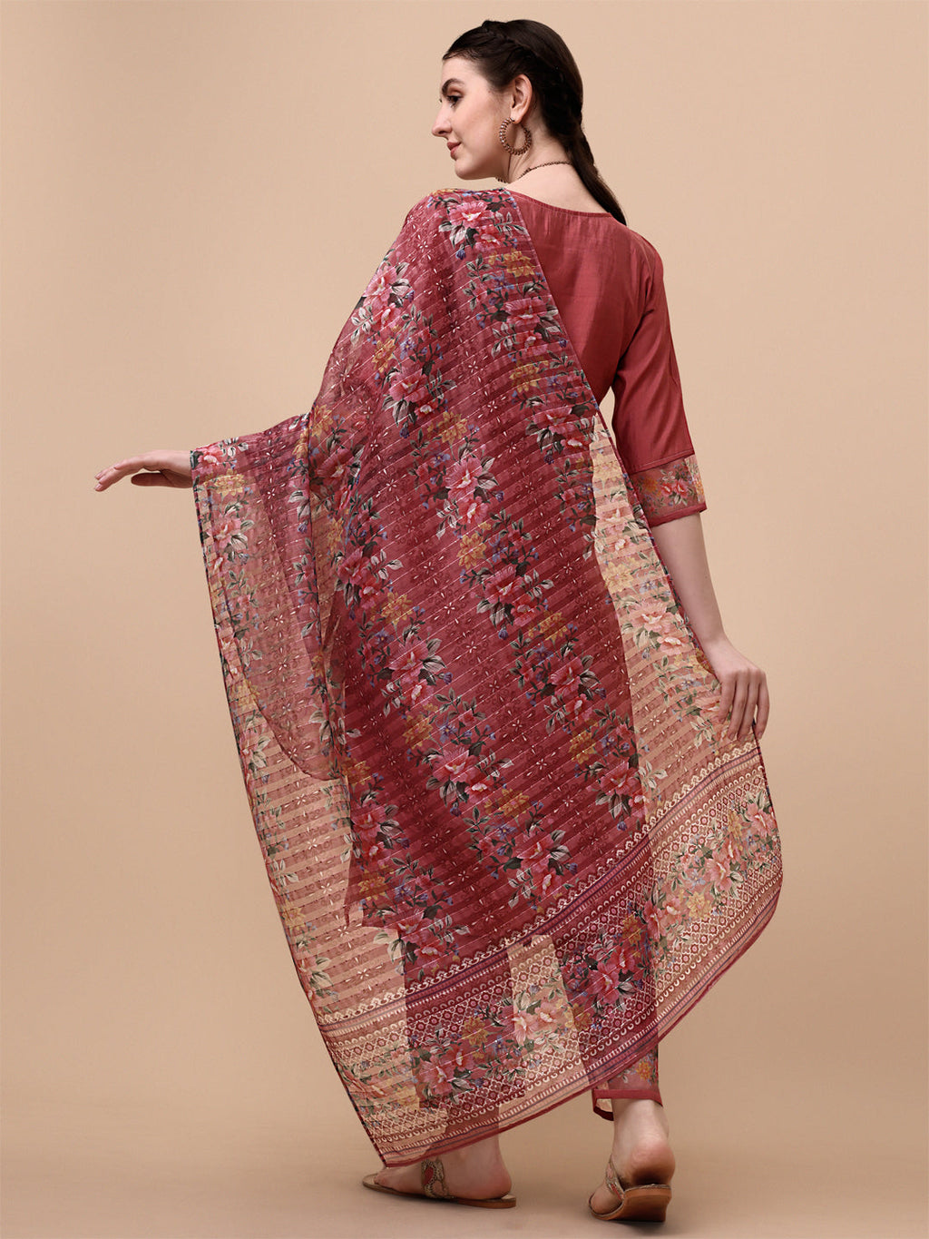 Embroidered Kurta With Pant & Printed Dupatta Set, Multicolor - Hiral Fashion | Grocsy