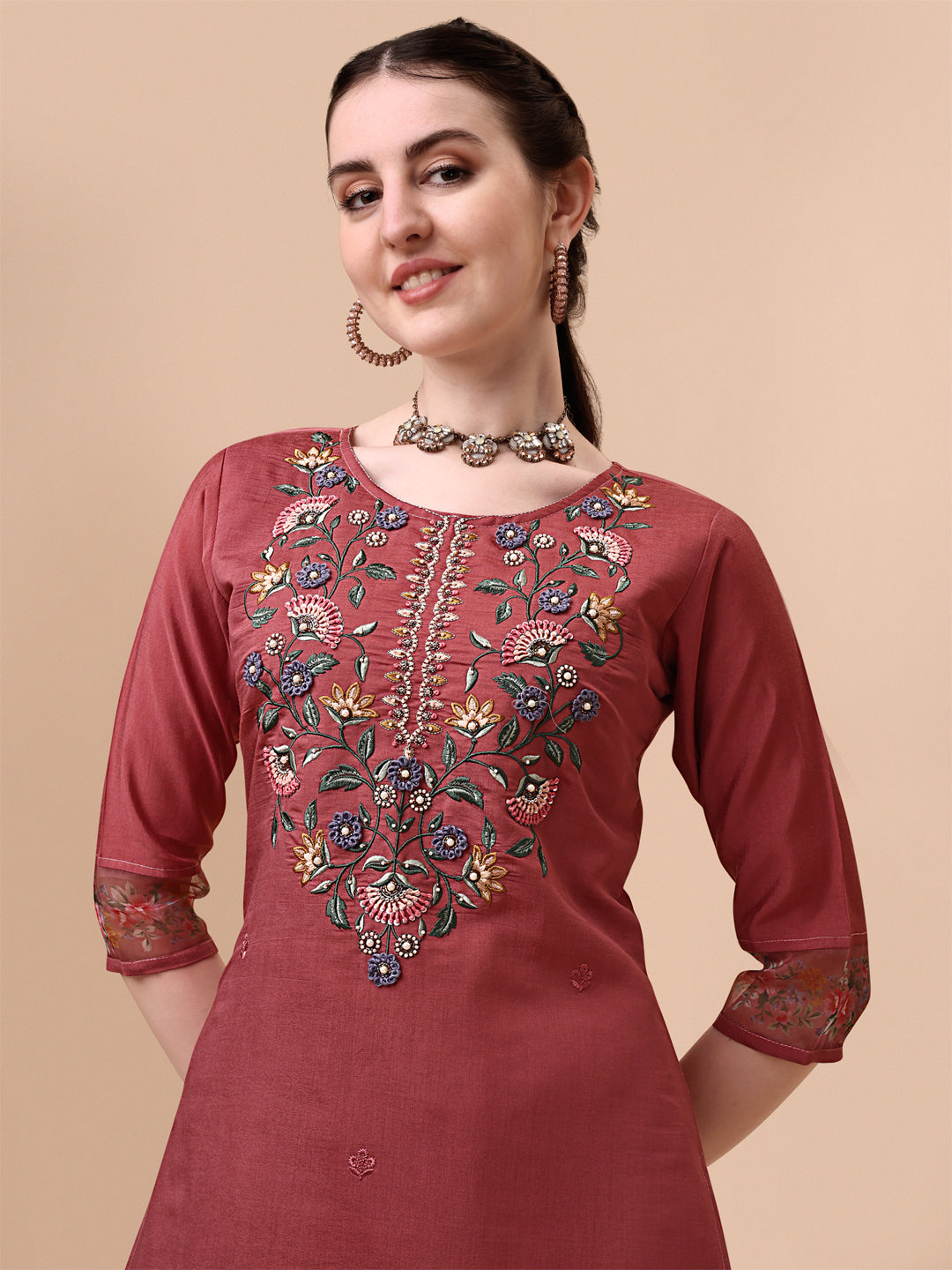 Embroidered Kurta With Pant & Printed Dupatta Set, Multicolor - Hiral Fashion | Grocsy