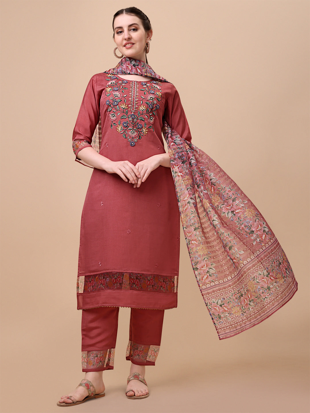 Embroidered Kurta With Pant & Printed Dupatta Set, Multicolor - Hiral Fashion | Grocsy