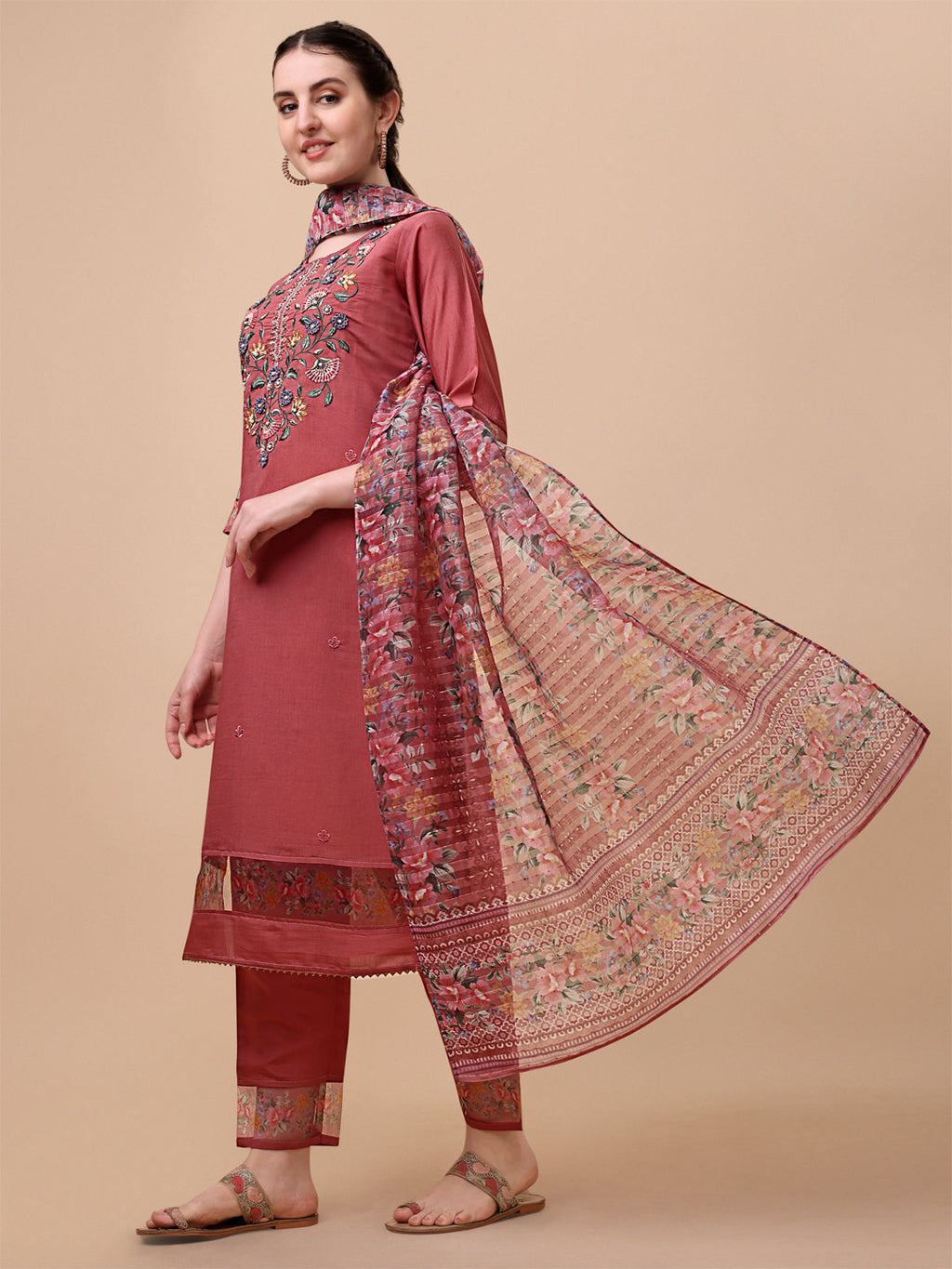 Embroidered Kurta With Pant & Printed Dupatta Set, Multicolor - Hiral Fashion | Grocsy