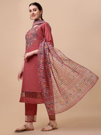Embroidered Kurta With Pant & Printed Dupatta Set, Multicolor - Hiral Fashion | Grocsy