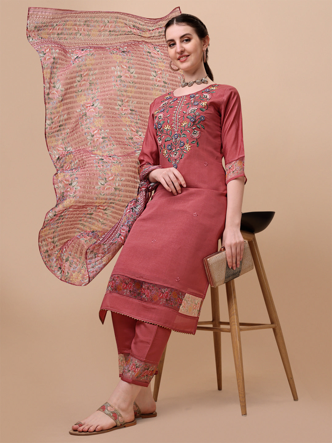 Embroidered Kurta With Pant & Printed Dupatta Set, Multicolor - Hiral Fashion | Grocsy