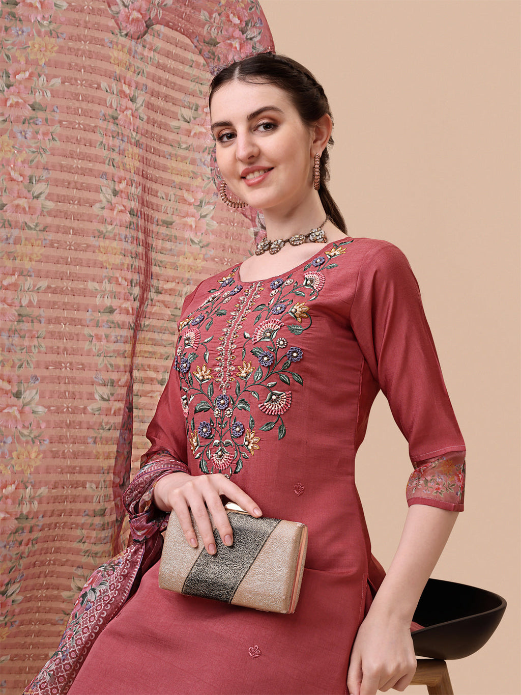 Embroidered Kurta With Pant & Printed Dupatta Set, Multicolor - Hiral Fashion | Grocsy