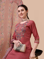 Embroidered Kurta With Pant & Printed Dupatta Set, Multicolor - Hiral Fashion | Grocsy